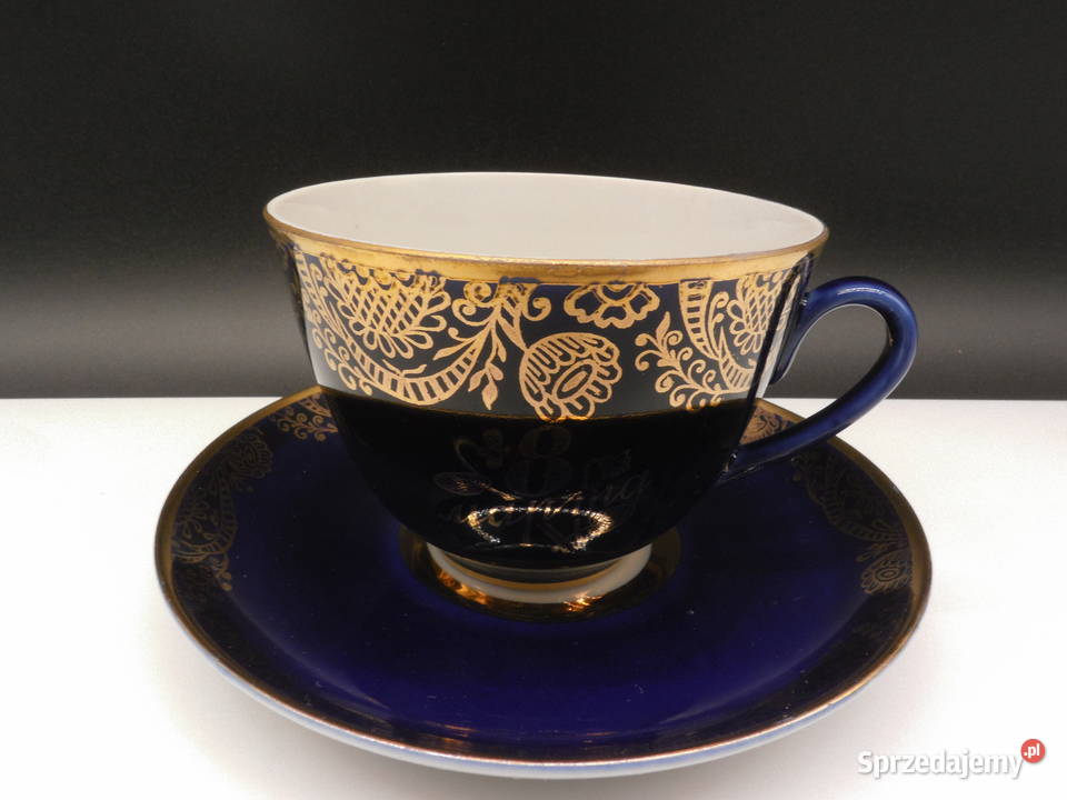 ŁOMONOSOW KOBALTOWA FILIŻANKA ZE SPODKIEM Raszków