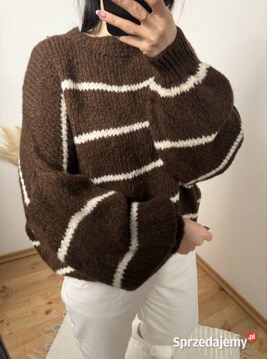 Cieplutki damski miękki sweter brązowy w białe wielkopolskie Ostrzeszów sprzedam