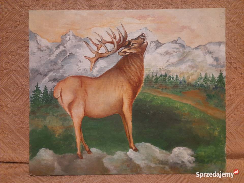 Jeleń w pejzażu obraz olejny 50x42 31 Hieronim Poznań