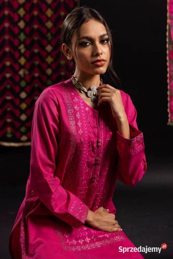 Różowa tunika boho S 36 bawełna róż złoto haft długi Szczecin