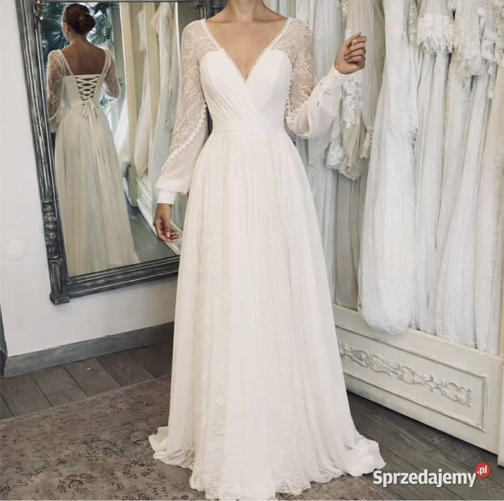 Suknia ślubna wiązana boho ivory rękawy Jelenia Góra