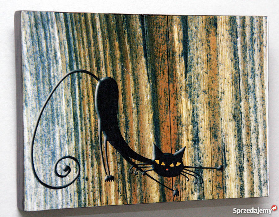 Zegar tryptyk wsteczny z motywem kota drewno Kościerzyna