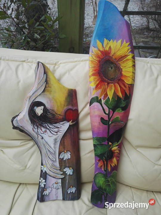 Anioł  i Słonecznik na drewnie  , Malowany ręcznie akrylami.