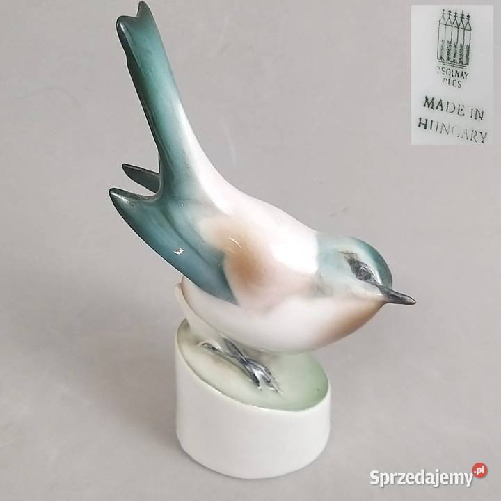 Ptak Sikorka modra porcelana Zsolnay Węgry lata