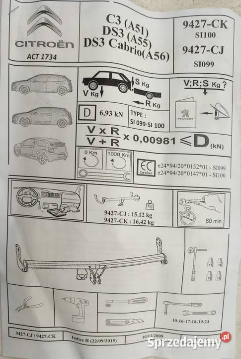 HAK HOLOWNICZY CITROEN C3 II DS3 20092016 9427CK