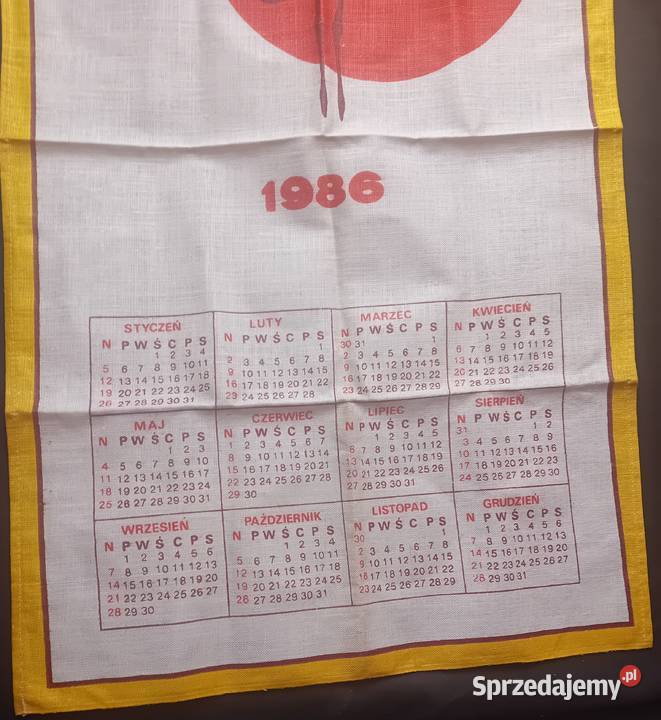 Płócienny kalendarz na 1986 w formie serwety na Koźminek