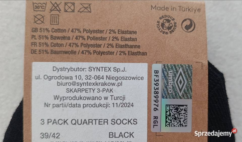 UMBRO skarpety 3pak kolor czarny rozmiar 3942 Ełk