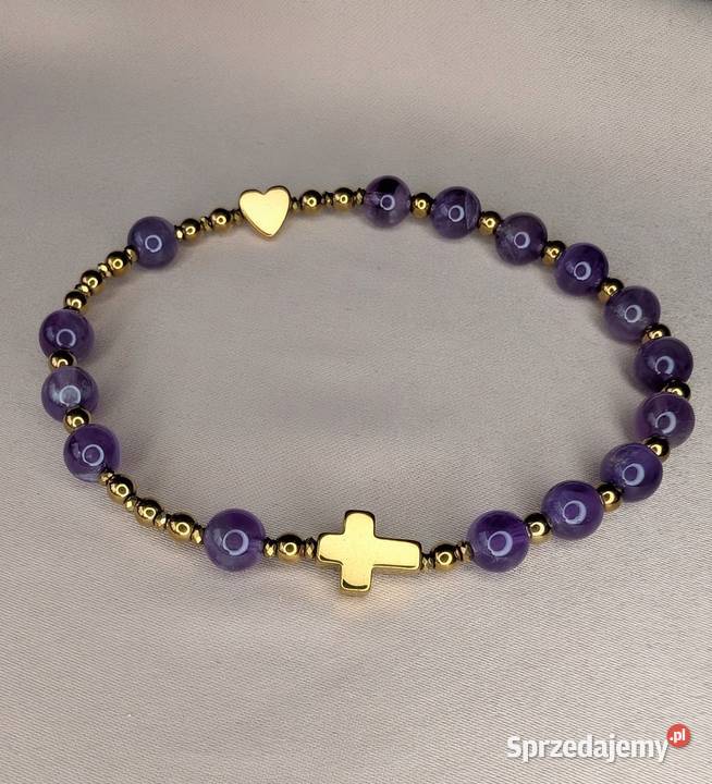Bransoletka różaniec kamienie ametyst krzyżyk Łowicz