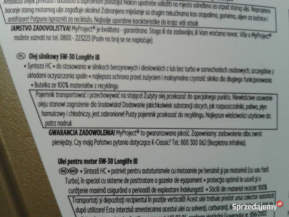 Olej silnikowy 5W30 LONGLIFE III synteza HC Wołczyn