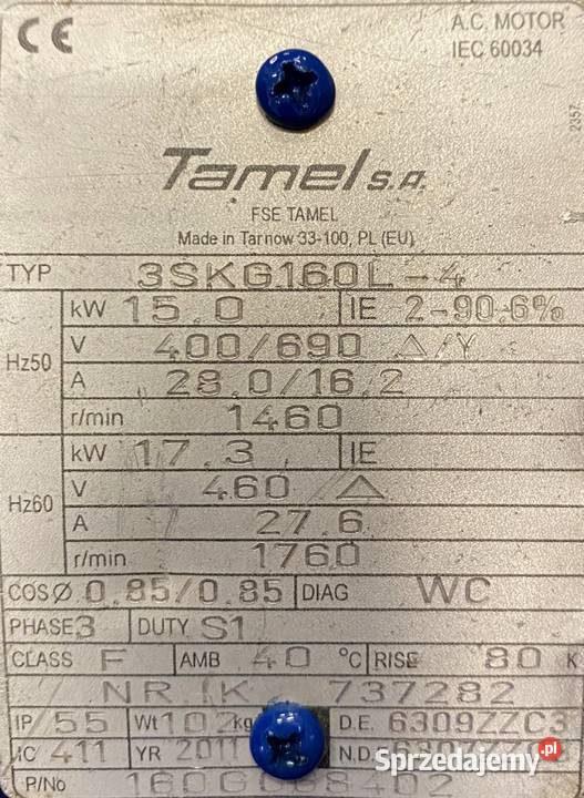 silnik elektryczny 15kW 1460obr 3fazowy Tamel Pigża