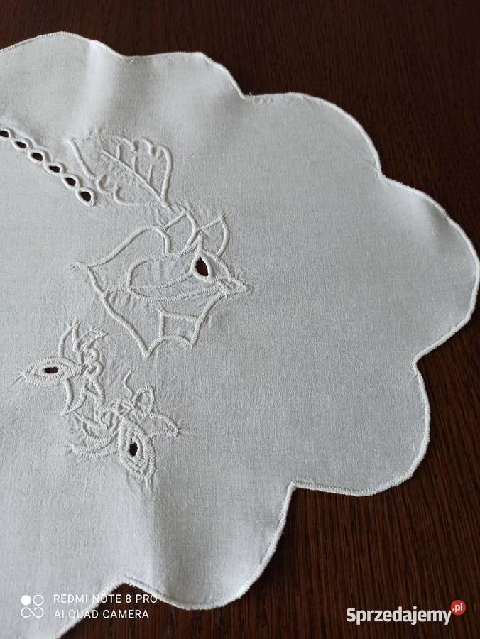 Bieżnik obrus bawełna haft Richelieu PRL biały