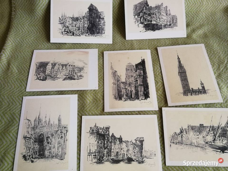 Gdańsk zestaw 8 retro pocztówek grafik Jerzy zachodniopomorskie Szczecin