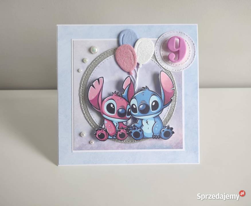 Kartka ręcznie robiona na urodziny Stich i Angel Łódź