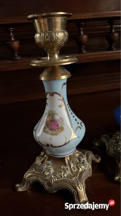 Świecznik porcelana i mosiądz Szafirowy malowany Gdańsk