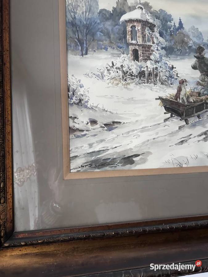 stary obraz sygnowany Wasilewski sanna zima Radomsko