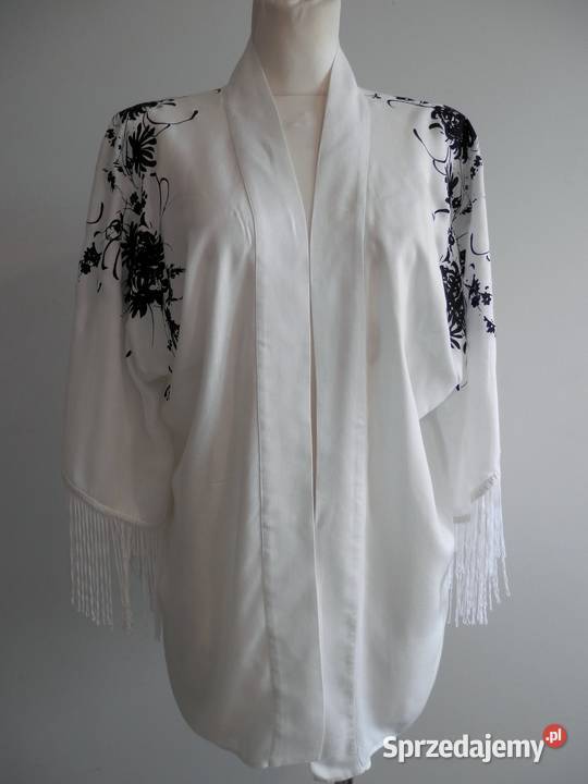 Narzutka Kimono Blezer Tunika Biała z Frędzlami
