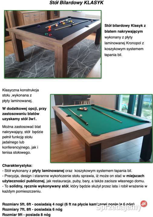 Stół bilardowy Klasyk z blatem nakrywającym 6 ft