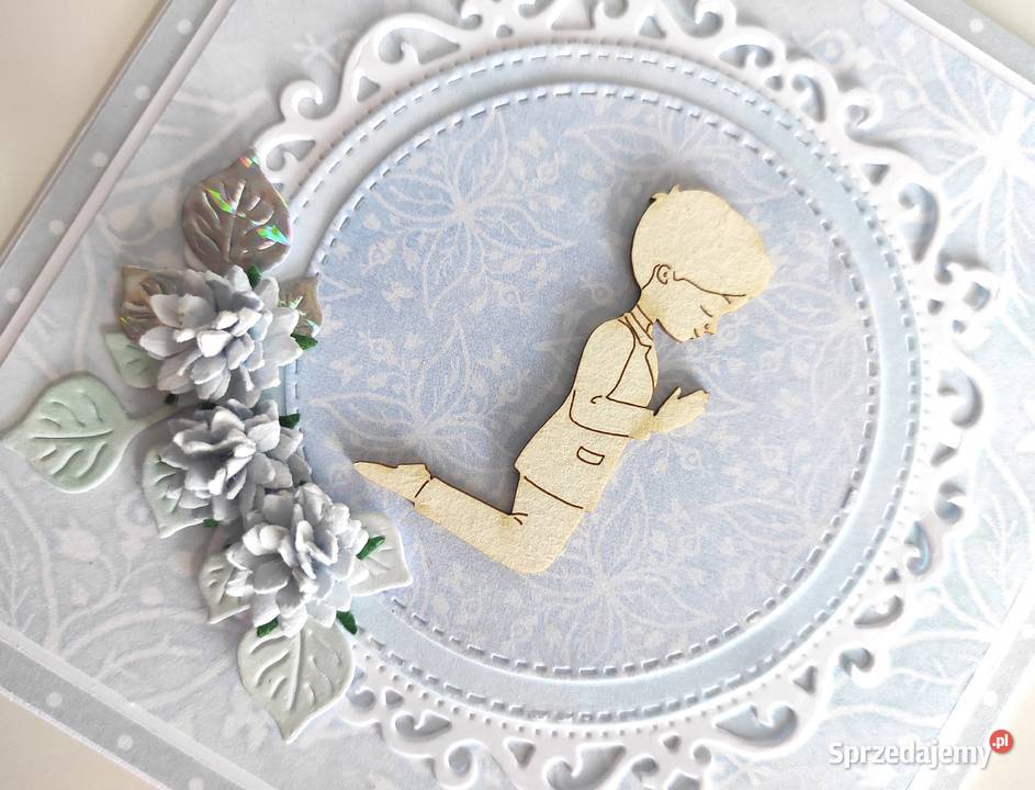 Kartka ręcznie robiona Komunia Święta niebieska Łódź sprzedam