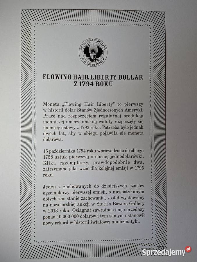 Replika Flowing Hair Liberty Dollar 1794 Numizmatyka Piła