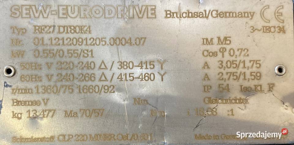 motoreduktor przekładnia 055kW 75obr 3fazowy SEW Pigża