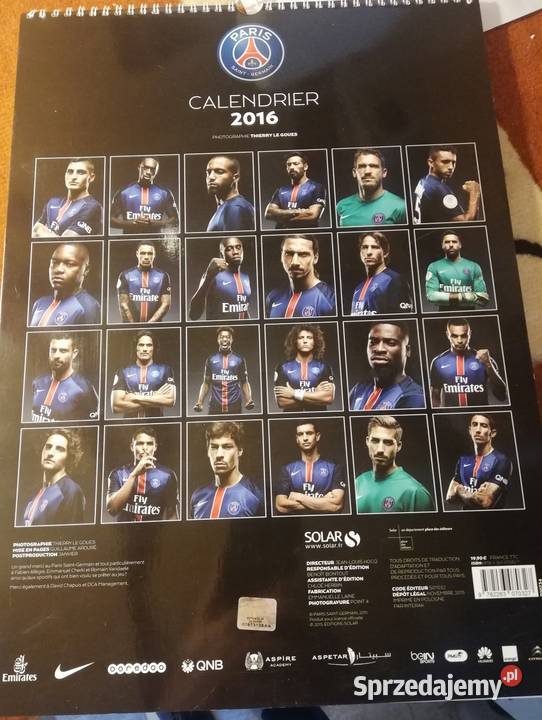 Kalendarz ścienny klubu Paris St Germain 2016 Antyki, Sztuka, Kolekcje Wronki