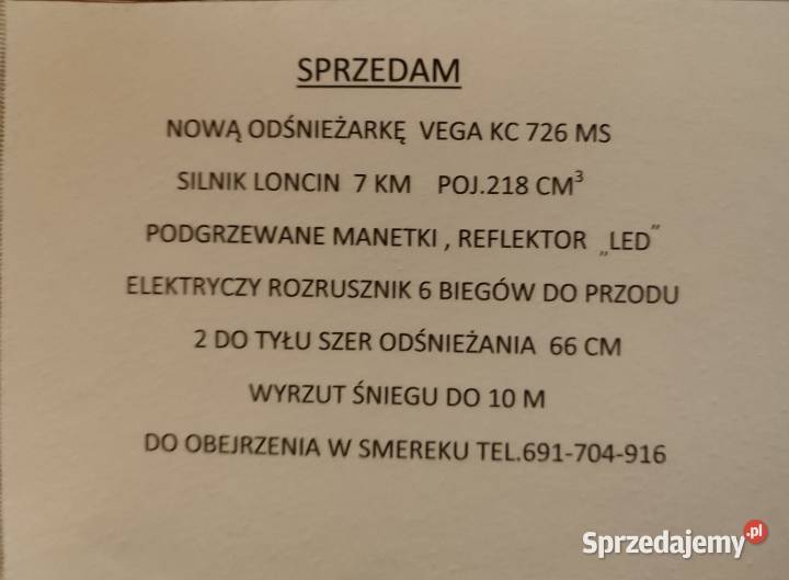 Odśnieżarka Vega KC 726 MS podgrzewane manetki Dębica