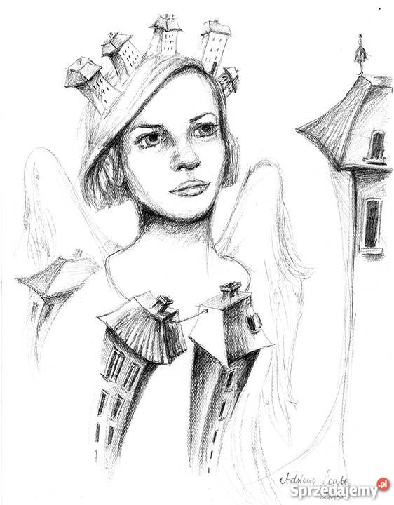 Grafika rysunek ołówkiem Anioł domu artystki A Malarstwo Katowice