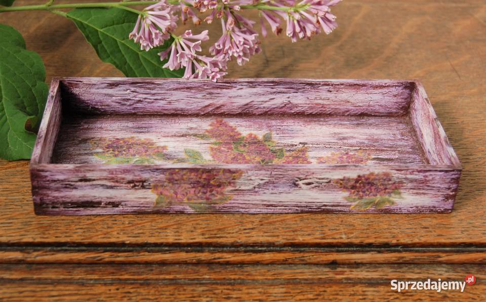 Rustykalna podstawka tacka kwiaty bzy decoupage lubelskie Lublin