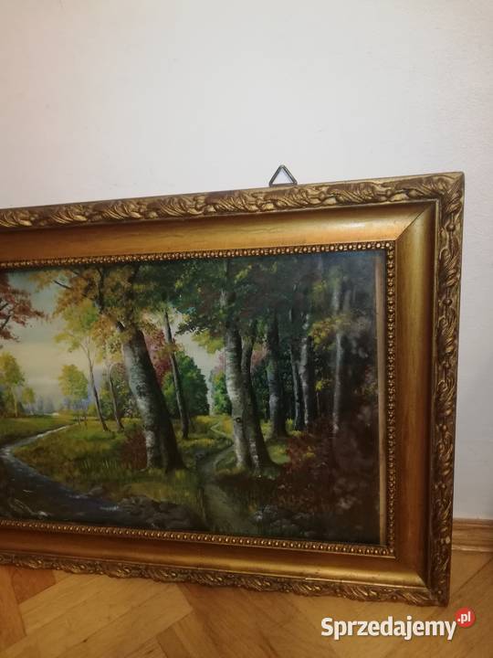 Stary obraz Olej na dykcie Pejzaż leśny Warszawa