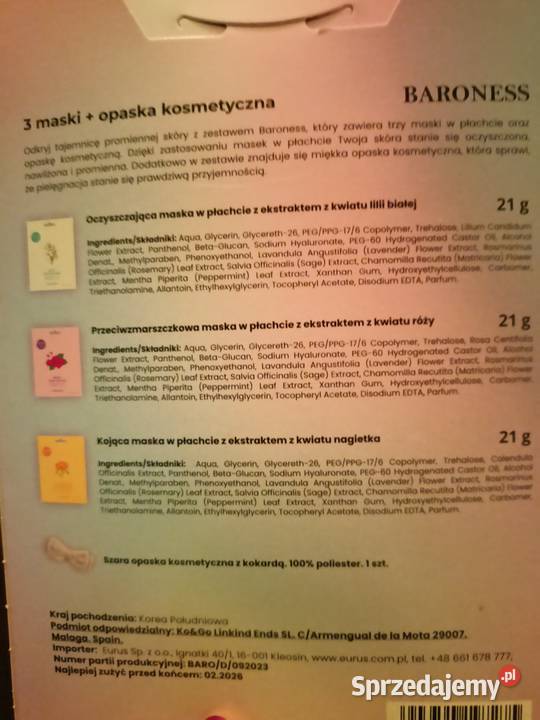 Nowy zestaw 3 maseczek z opaską Baroness Włocławek