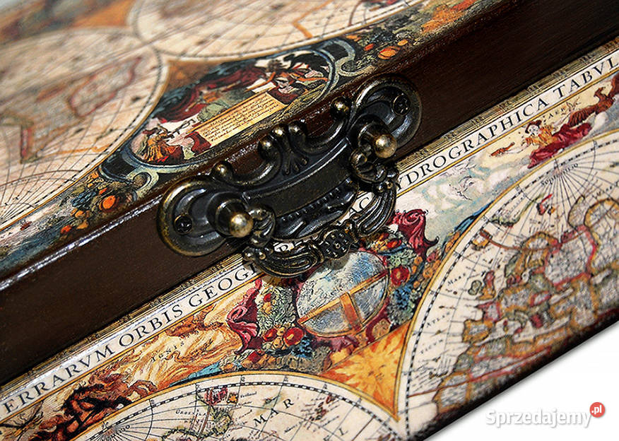 SZKATUŁKA drewniane pudełko STARA MAPA kompas