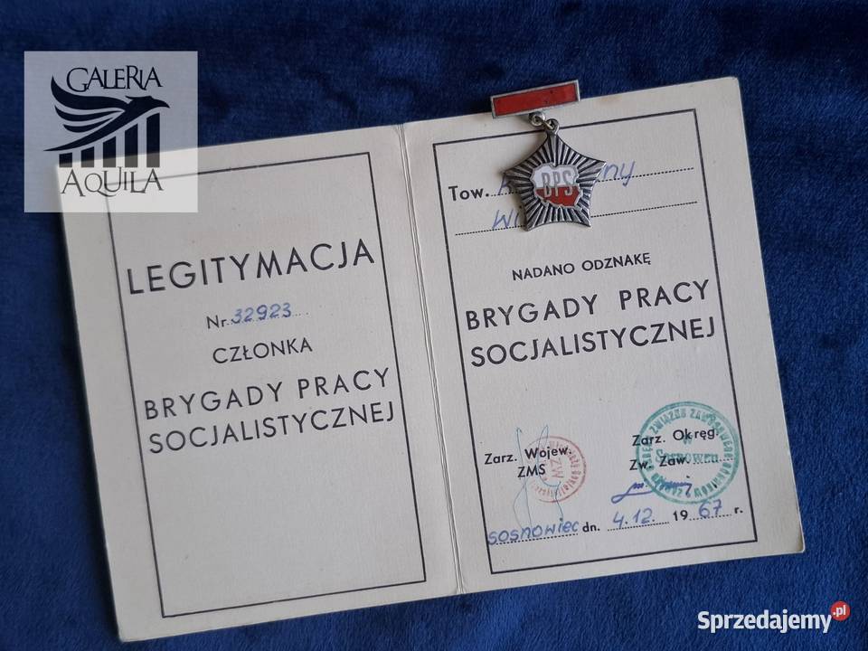 Odznaka Brygady Pracy Socjalistycznej dokument Wejherowo sprzedam