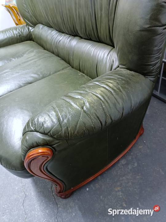 Kanapa sofa trzy fotele zielona skóra Lubartów