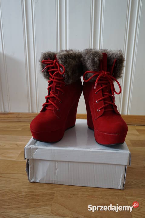 Czerwone koturny botki sznurowane na koturnie 36 Kozaki Toruń