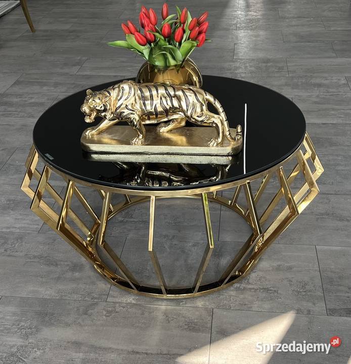 Złoty stolik kawowy ława  Glamour ze stali z czarną szybą