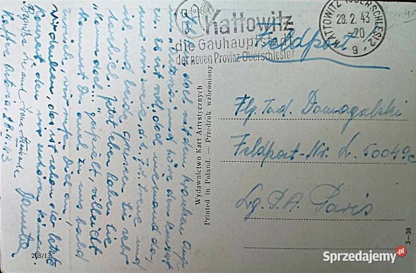 Kattowitz 1943 Feldpost do Paryża Luftwaffe Filatelistyka pomorskie