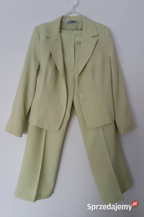 Klasyczny damski garnitur limonkowo miętowy żółty/złoty