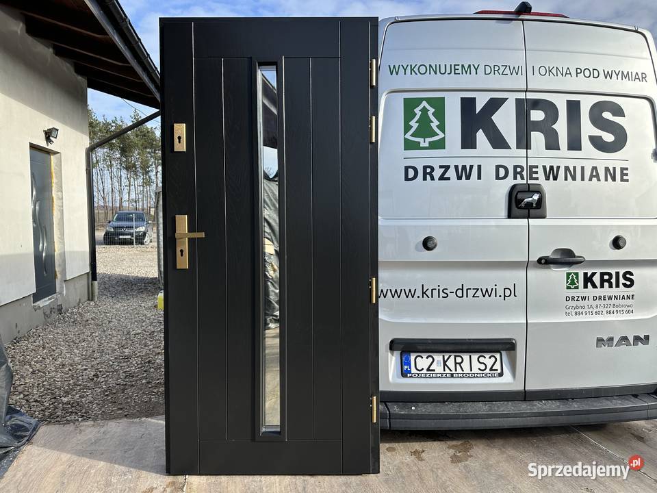 Drzwi zewnętrze drewniane czarne 9017 CAŁA Grzybno