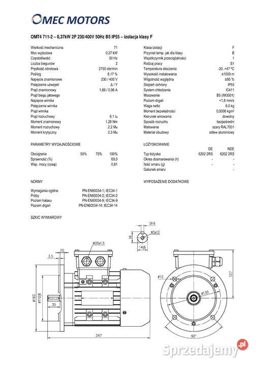 silnik elektryczny 037kW 2900obr 3fazowy 71B5 Pigża