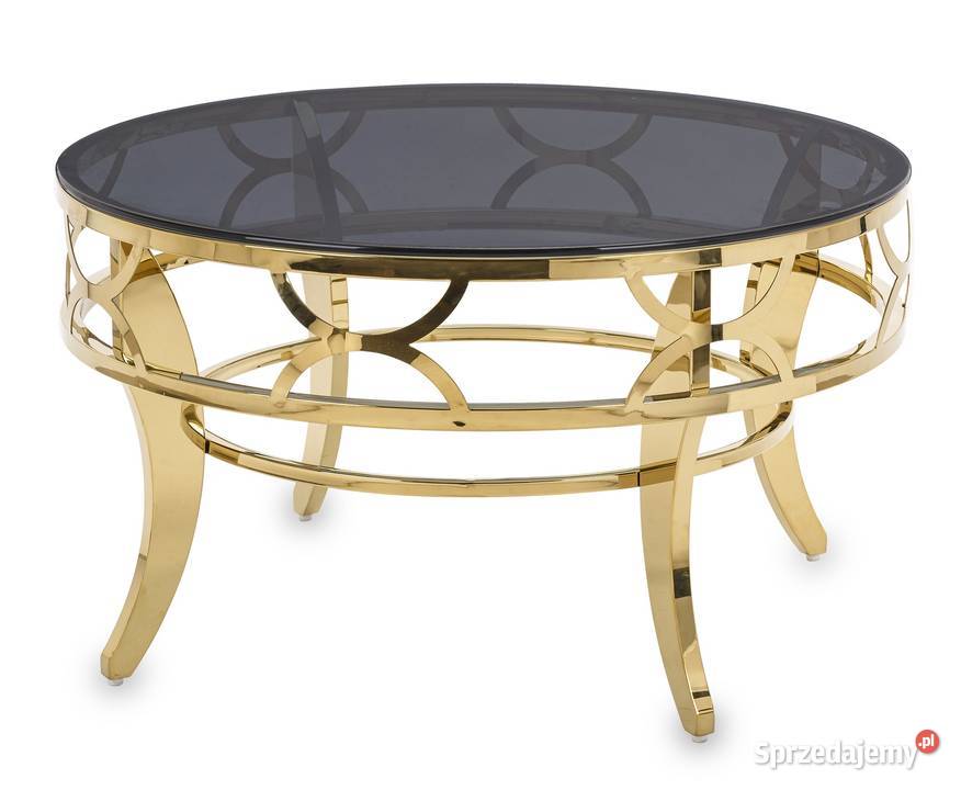 Złoty okrągły stolik kawowy boczny pomocniczy ze szkłem