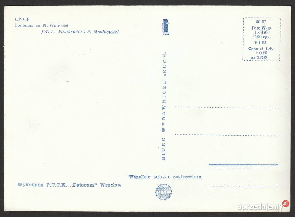 POCZTÓWKA OPOLE FONTANNA 1963 BEZ OBIEGU Pocztówki i karty telefoniczne łódzkie Łódź