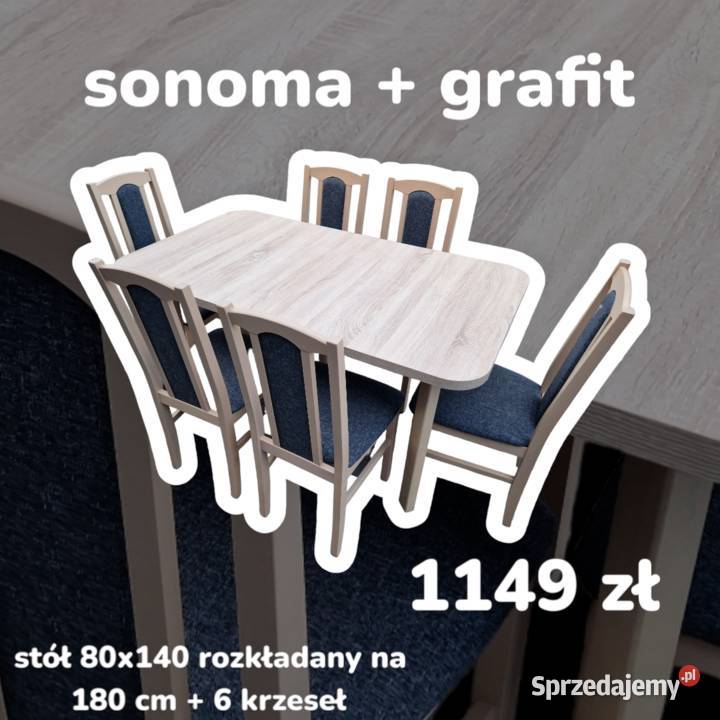 Nowe: Stół 80x140/180 + 6 krzeseł, SONOMA + GRAFIT, transPL