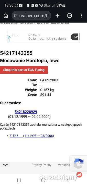 Mocowanie Hardtopa BMW e46 Cabrio 7143355 i Mocowania Lusowo