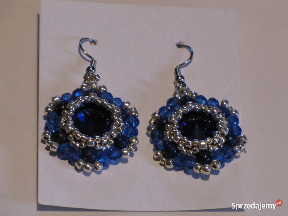 Kolczyki kryształki szafirowe rękodzieło Pruchnik