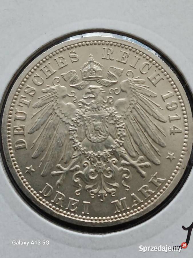 3 Marki Prusy Wilhelm II 1914 r men A Śliczny Kolekcje Konin sprzedam