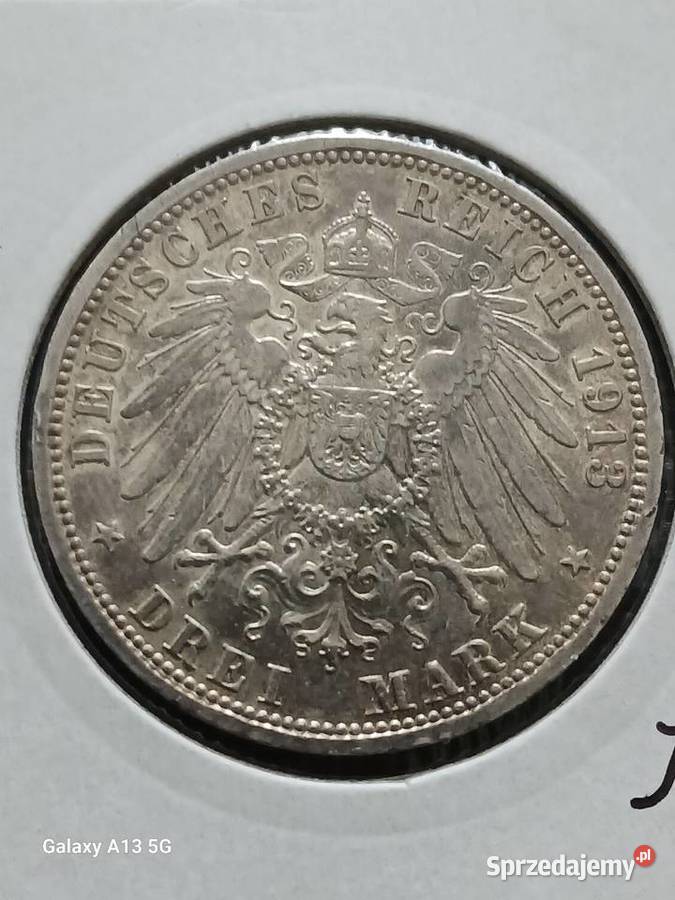 3 Marki Prusy Wilhelm II 1913 r Śliczne Konin
