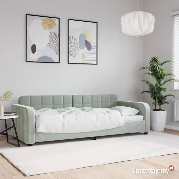Sofa z funkcją spania jasnoszara obita aksamitem Łóżka Warszawa