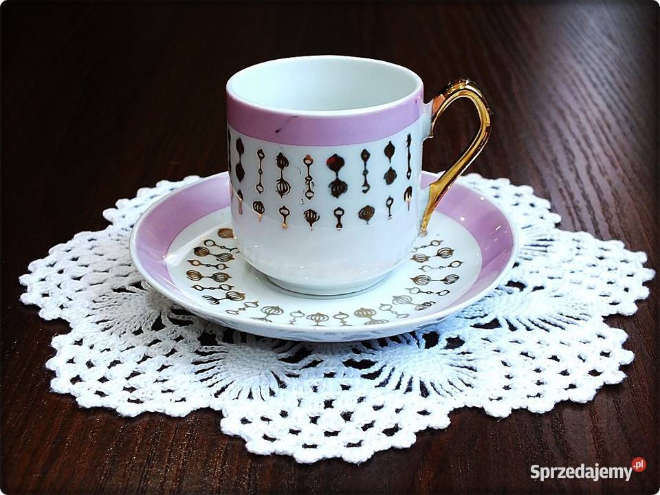 Mała Filiżanka spodek Porcelana różowa ze złotem Żary