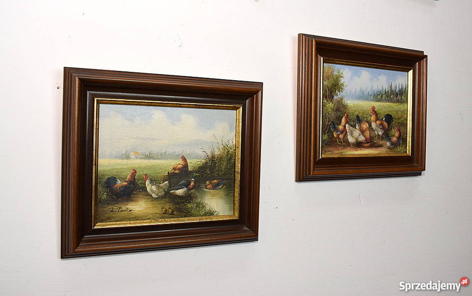 DWA UROCZE OBRAZKI OBRAZ OLEJ NA PŁÓTNIE RAMA