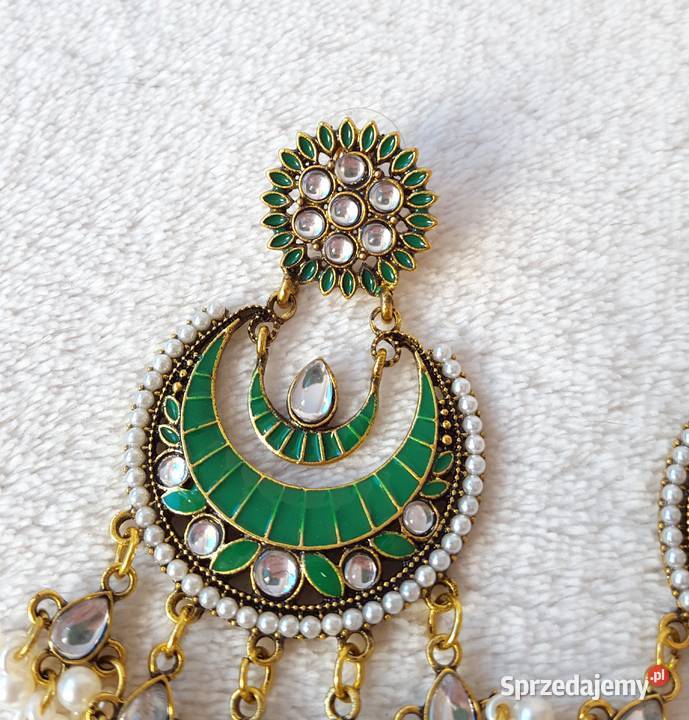 Długie kolczyki zielony złoty kolor indyjskie Szczecin